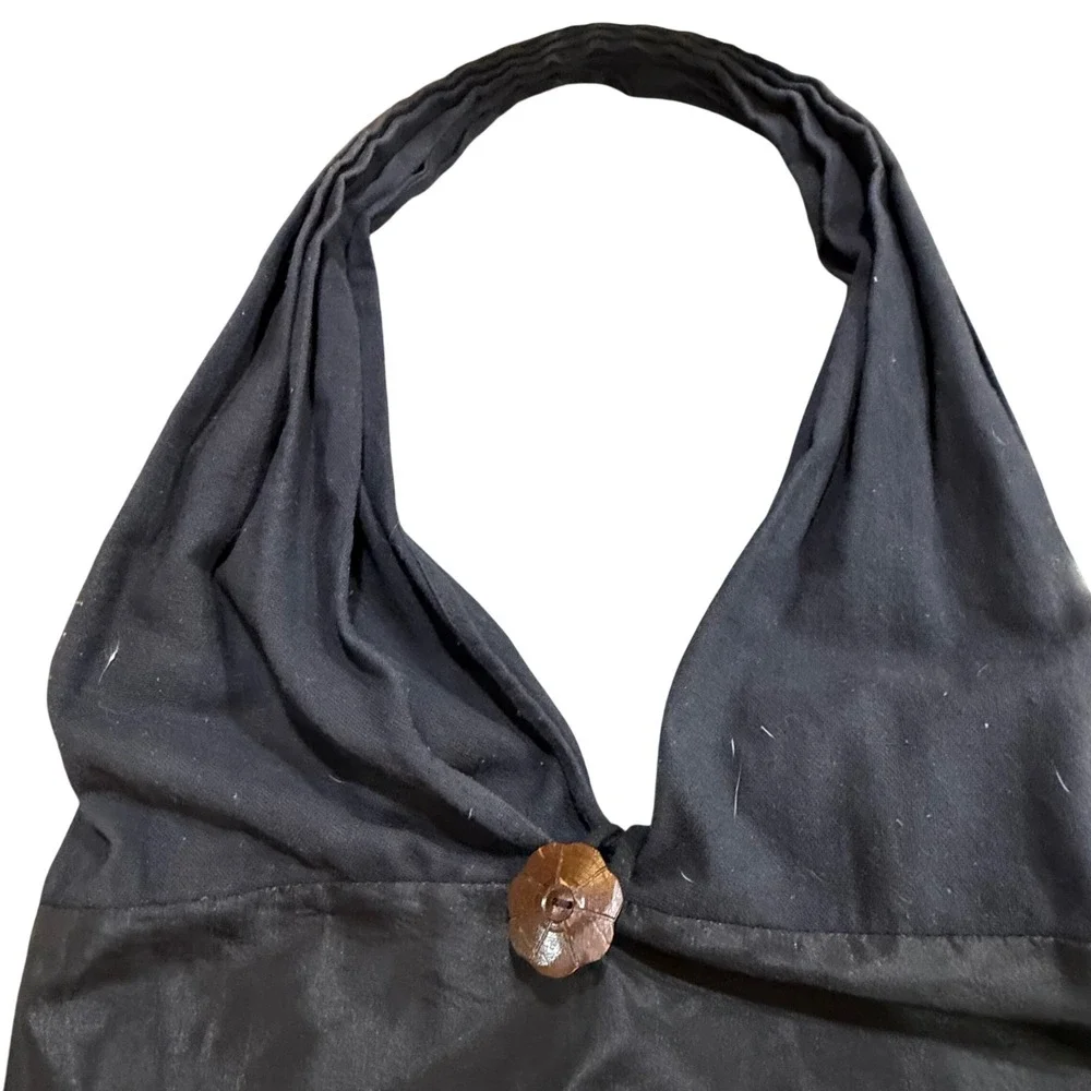 Black Gold Elephant Embroidered Boho Hobo Shoulder Bag‎ Coconut Button